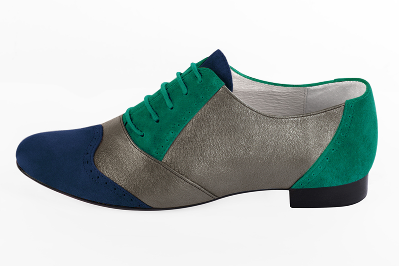 Navy blue, taupe brown and emerald green women's fashion lace-up shoes.. Profile view - Florence KOOIJMAN